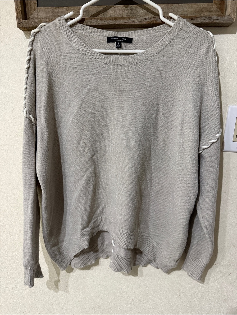 Romeo & Juliet Couture Beige Crewneck Sweater with Braided Trim